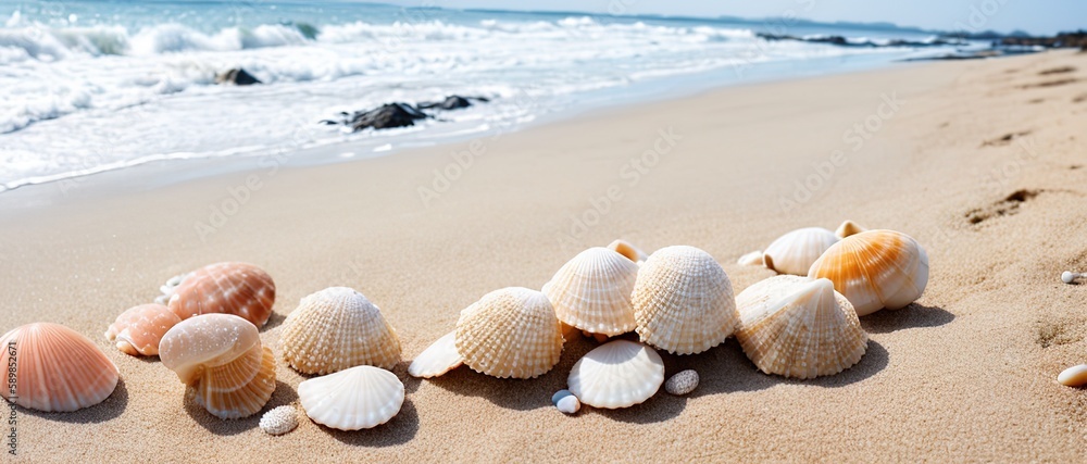 Seashells on the sand of the sea coastline. Generative AI.