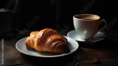 Cup of coffee and fresh croissant. Black background. Generative AI