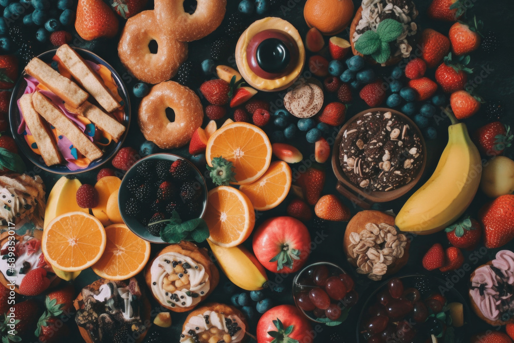 Variety of food background. Generative AI. Variety of food background. Generative AI.