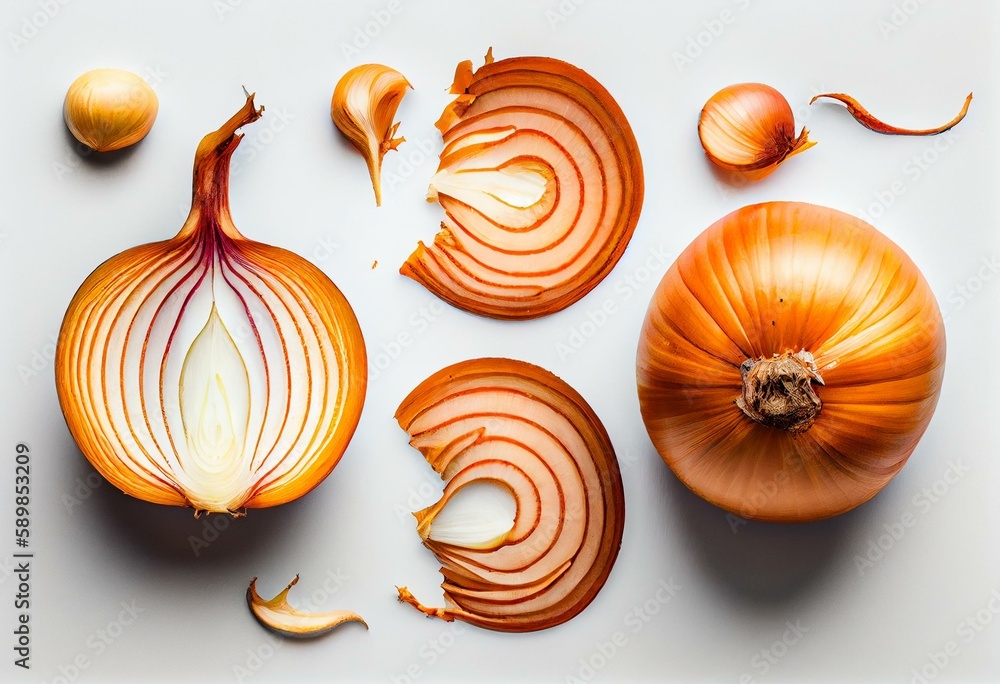 Onions in both whole and sliced form against white background from a ...