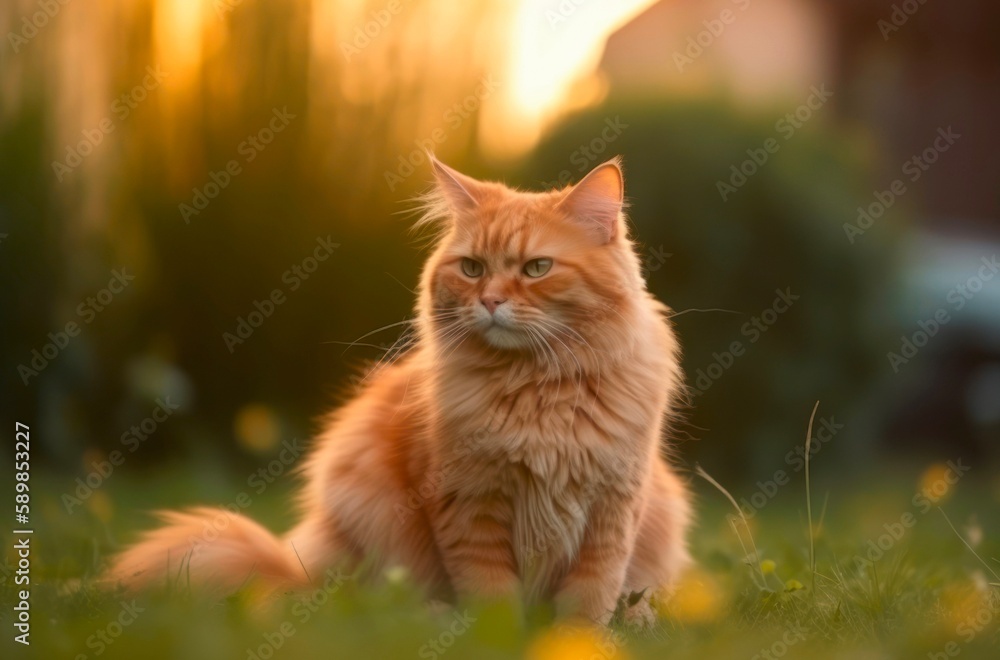 Fluffy red cat sits in the grass outdoor. Generative AI. Fluffy red cat sits in the grass outdoor. Generative AI.