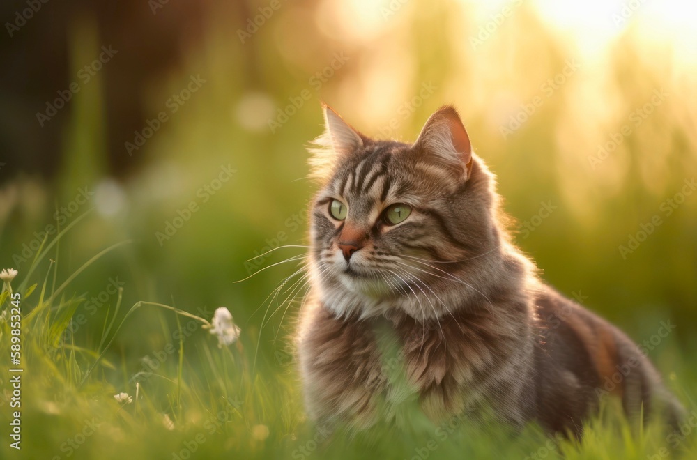 Portrait of a fluffy gray cat outdoor. Generative AI. Portrait of a fluffy gray cat outdoor. Generative AI.