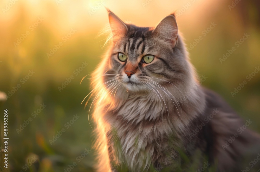 Portrait of a fluffy gray cat outdoor. Generative AI. Portrait of a fluffy gray cat outdoor. Generative AI.