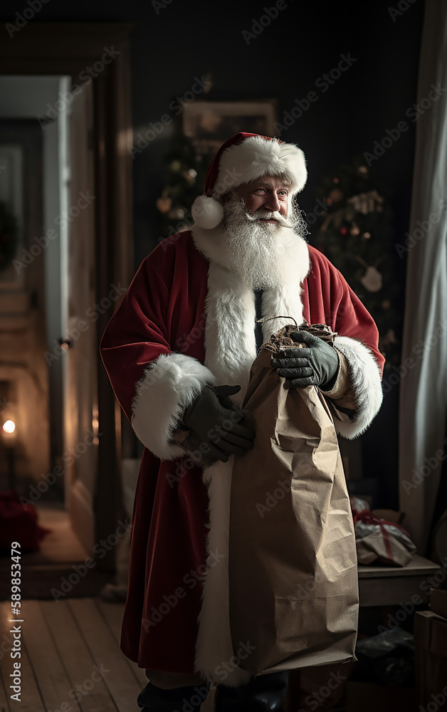 Illuminated by the gentle glow of indoor lights, Santa thoughtfully prepares his sack, capturing the silent anticipation and kindness of holiday nights.