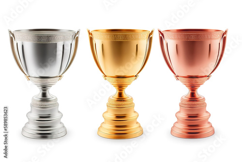 Golden, silver, bronze winner cup on a white isolated background, award for three places in the championship, Generative AI.