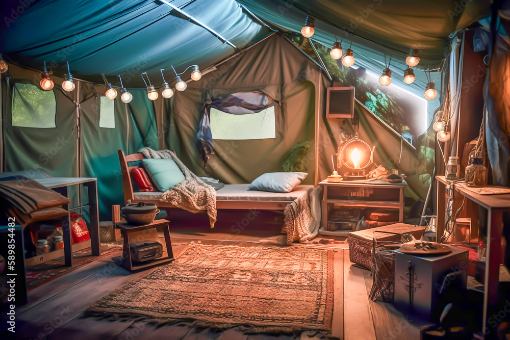Luxurious interior of spacious camping tent with cozy beds near carpet and potted plants, generative ai
