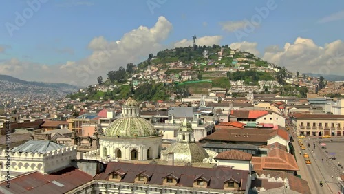 Aerial footage of the beautiful colonial city of Quito in Ecuador showing the historical buildings
