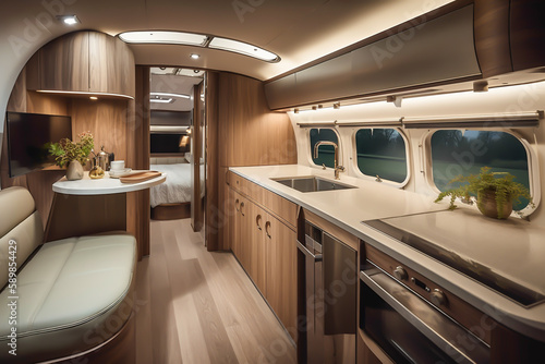 Cozy interior in the trailer of mobile home, generative ai