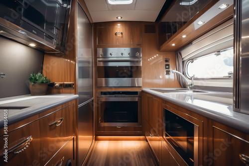 Cozy interior in the trailer of mobile home, generative ai