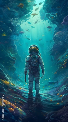an astronaut looking at underwater worlds.