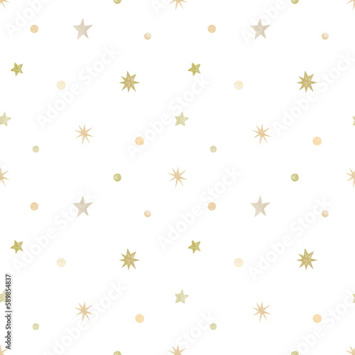 Watercolor pale green stars and dots seamless pattern. Romantic background. Polka dot pattern for fabric. Pastel wedding texture wallpaper. Birthday minimal love design seamless