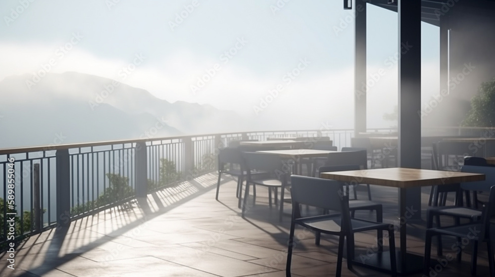Restaurant balcony corner mountain view thick foggy clouds. Generative Ai. Restaurant balcony corner mountain view thick foggy clouds. Generative Ai.
