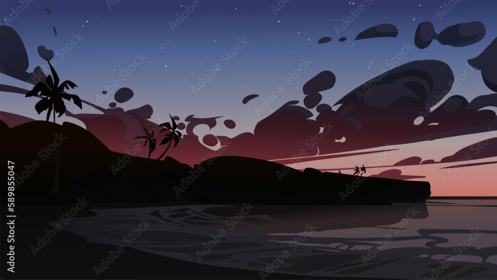 Black sand beach at sunset. Vector illustration