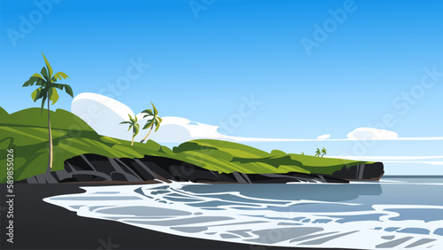 Black sand beach. Vector illustration