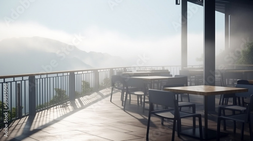 Restaurant balcony corner mountain view thick foggy clouds. Generative Ai. © Gassenee