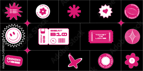 Pink collection of various patches, tickets, stickers. WOW, Word, Dream, Ticket to love. Hipster stickers with 90s style. Vector set.