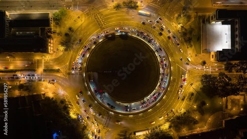 night illumination barcelona city traffic street circle aerial topdown panorama 4k timelapse spain