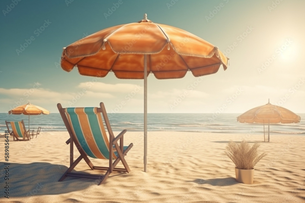 Summer beach by the sea,beach chair and umbrella. Generative Ai.