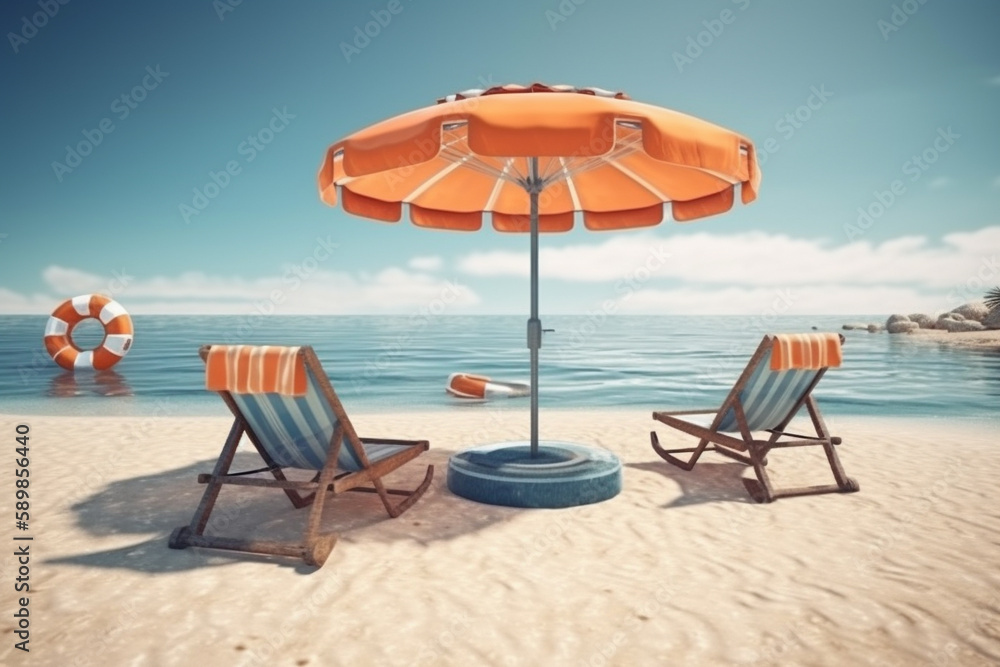 Summer beach by the sea,beach chair and umbrella. Generative Ai.