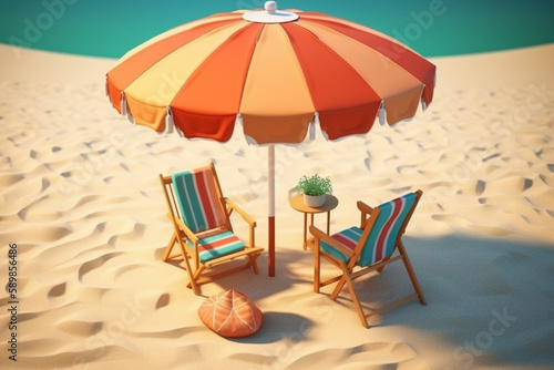 Summer beach by the sea beach chair and umbrella. Generative Ai.