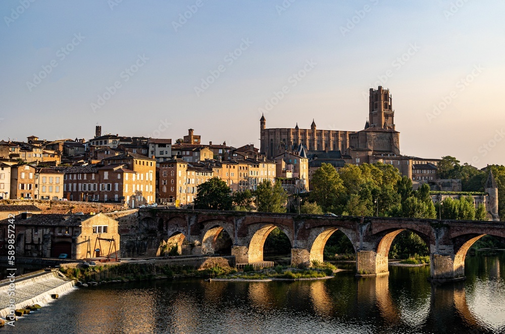 Beautiful view of the French city of Albi with the river in the foreground and the Cathedral