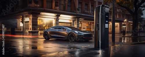 A sleek, modern charging station for electric cars on the side of a street in a city. Eco friendly green smart city concept with non existent car. Generative AI © Bartek