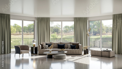 Large luxury modern bright interiors Living room mockup illustration 3D rendering computer digitally generated image © 3DarcaStudio