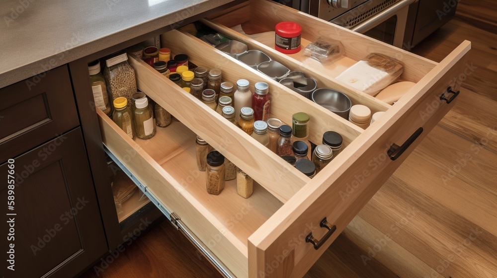 Kitchen wooden  storage drawer with spices. Generative AI.