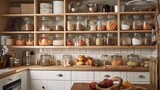 A kitchen wooden storage with wooden shelves and utensils. Generative AI.
