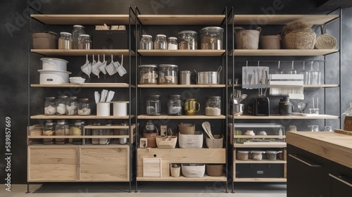 A kitchen wooden  storage with wooden shelves and utensils. Generative AI.