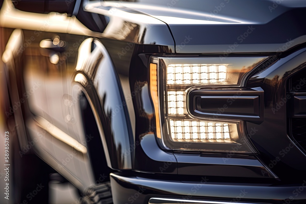 Close up view of headlight of a modern pickup truck. Generative AI.