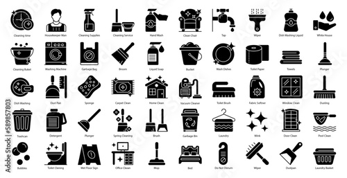 Cleaning Glyph Icons Clean Hygiene Washing Icon Set in Glyph Style 50 Vector Icons in Black