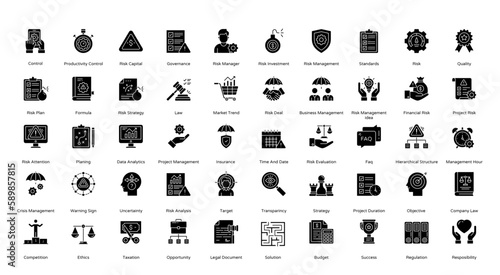 Risk Management Glyph Icons Finance Risk Business Icon Set in Glyph Style 50 Vector Icons in Black