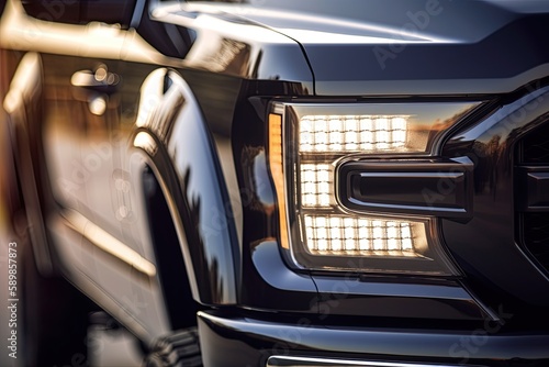 Close up view of headlight of a modern pickup truck. Generative AI.