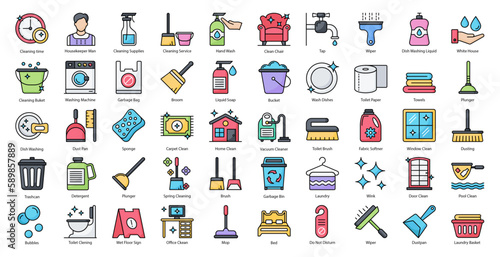Cleaning Filled Line Icons Clean Hygiene Washing Icon Set in Color Outline Style 50 Vector Icons