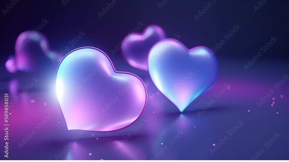 abstract lovely 3d heart shapes glowing from violet to deep blue, royal blue, indigo background