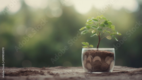 Energy saving light bulb and tree growing on stacks of coins on nature background. Generative Ai. photo