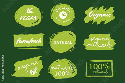Set of Vegan, Eco, Bio, Organic, Fresh, Healthy, 100 percent, natural food. Natural product. Collection of green painting label.