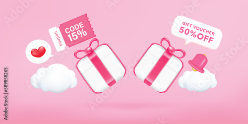 3D Gift voucher with coupon Percentage. Happy valentine's day promotion sales and Discount online purchases. Tag label, banner with Percentage isolated. 3d rendering.