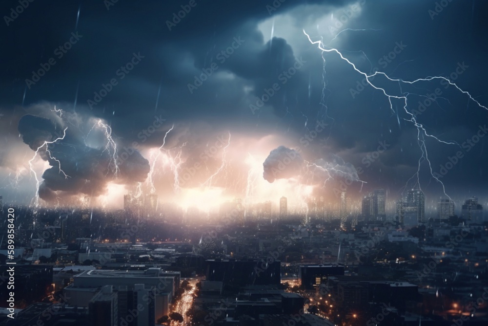 a thunderstorm with lightning over the city. generative ai