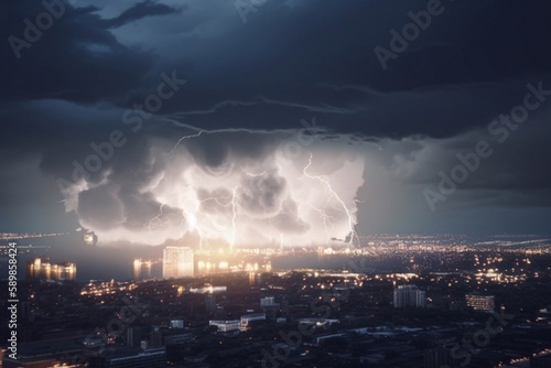 a thunderstorm with lightning over the city. generative ai