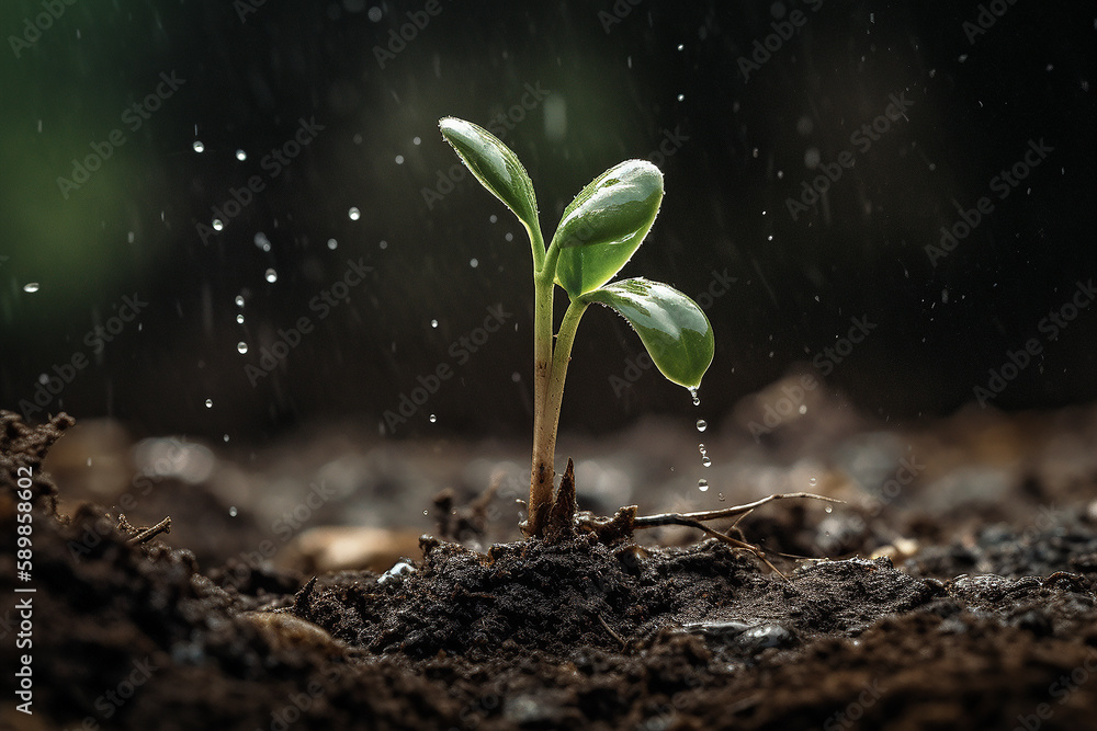 Creative eco concept. Young budding sprout seedling out of the soil