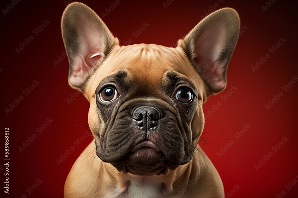 Vertical Portrait of a French Bulldog Staring at the Camera against a Red Background, Generative Ai