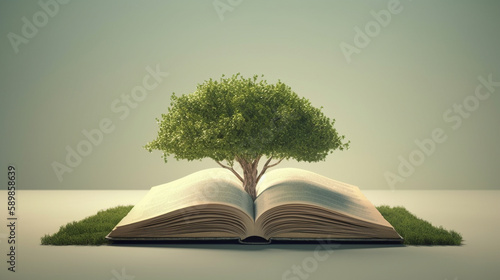 Open book with magical green tree and nature background. Generative AI.