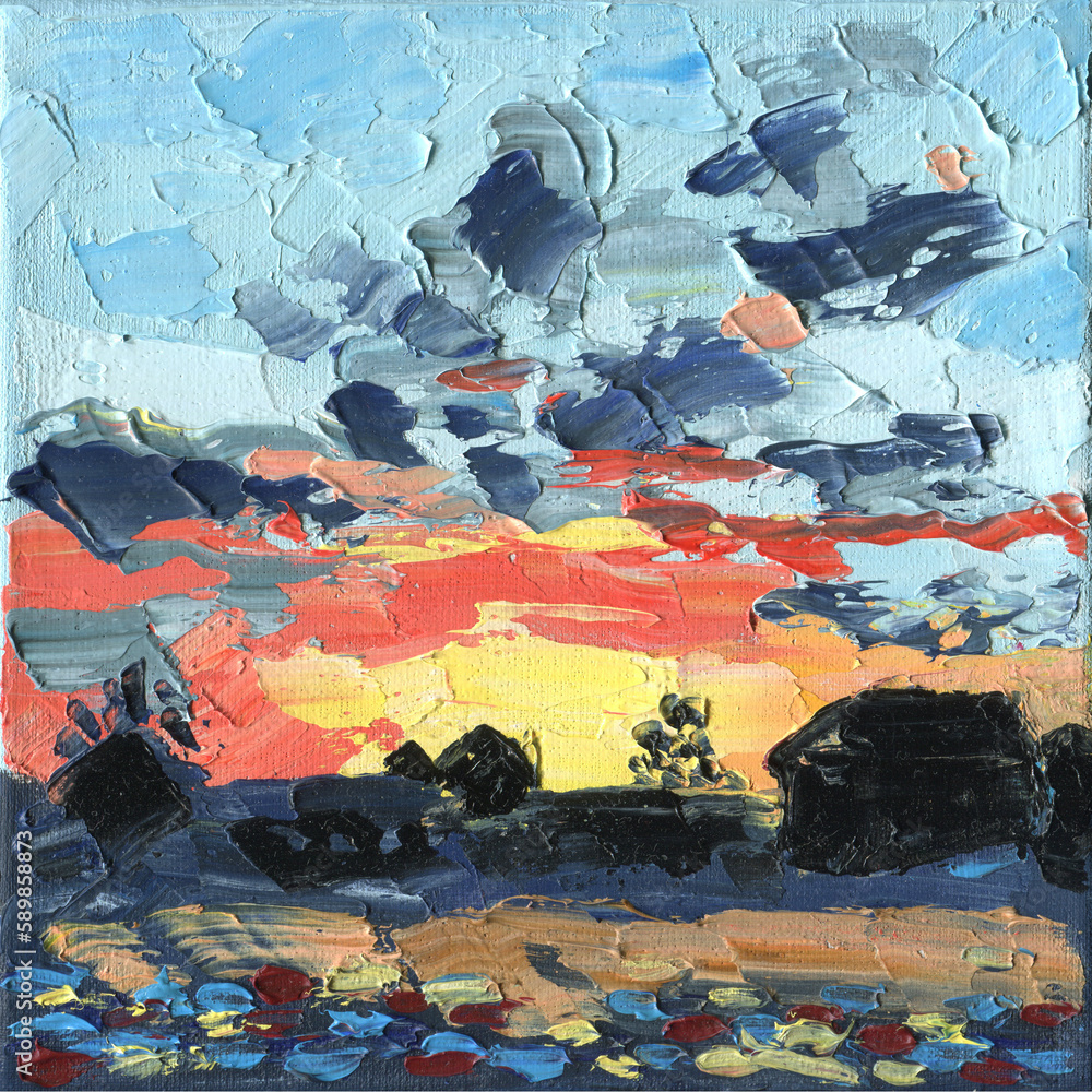Naklejka premium Sunset. Hand drawn oil illustration.