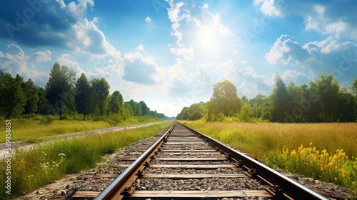 Forest trees along a railroad on an summer afternoon. Train tracks travel concept landscape background. Generative AI.