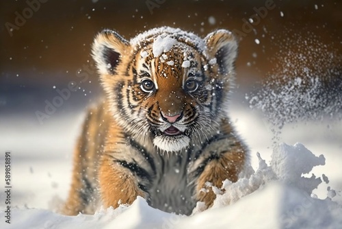 Adorable Tiger Cub Playing in Winter Snow, Generative Ai