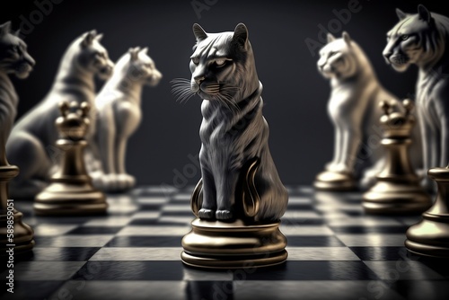 Strategic Leadership Concept with Royal Cat King Chess Pieces on Chessboard, Generative Ai