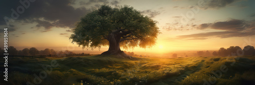 Nature's Farewell: The Sun Setting Behind a Tree in a Green Field, Generative AI © Kaare