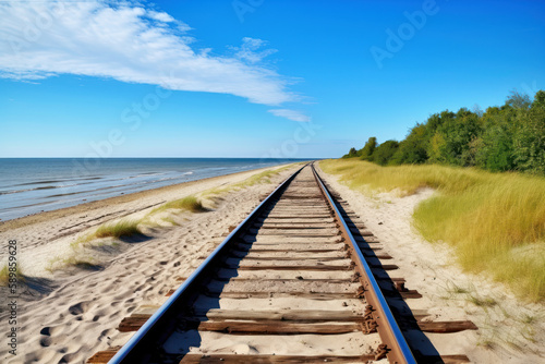 A railroad track along the beach and ocean on a sunny day. Train travel concept landscape background. Generative AI.
